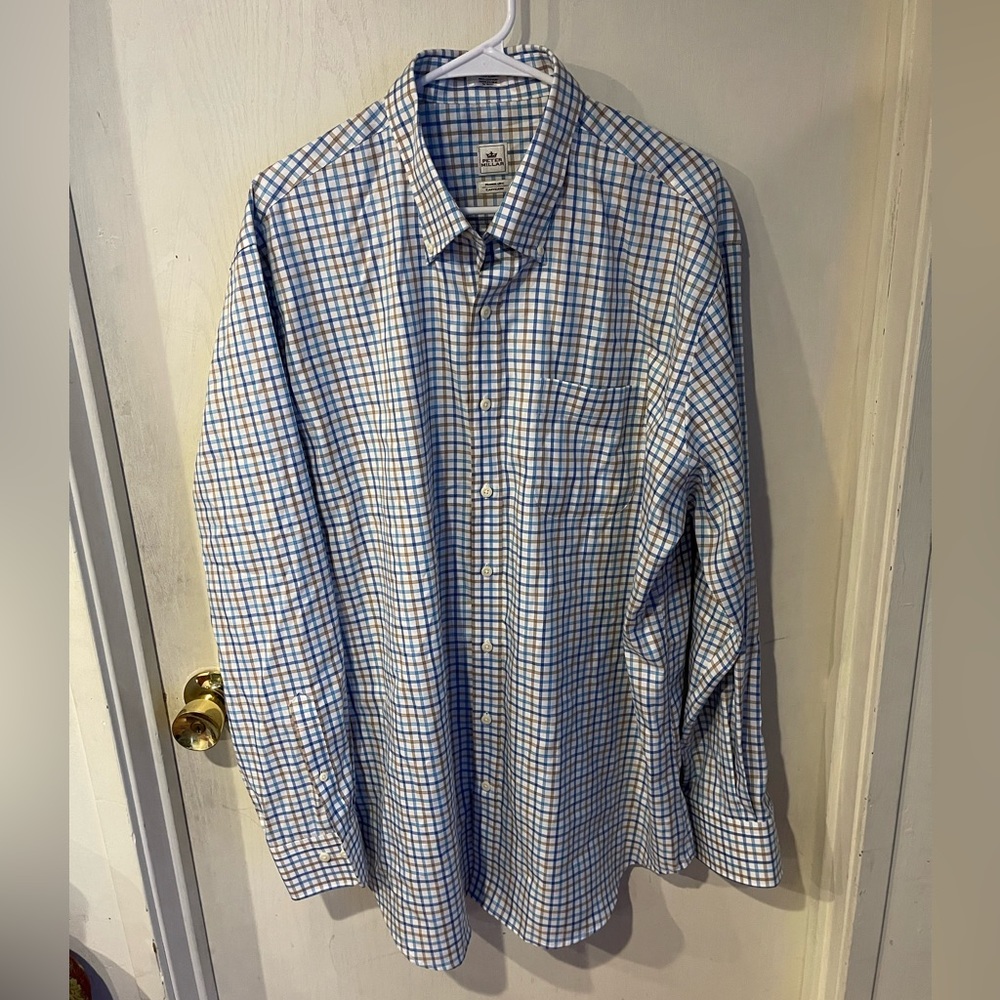 Peter Millar Dress Shirt Mens XL Nanoluxe Easy Care Blue Checkered Long Sleeve